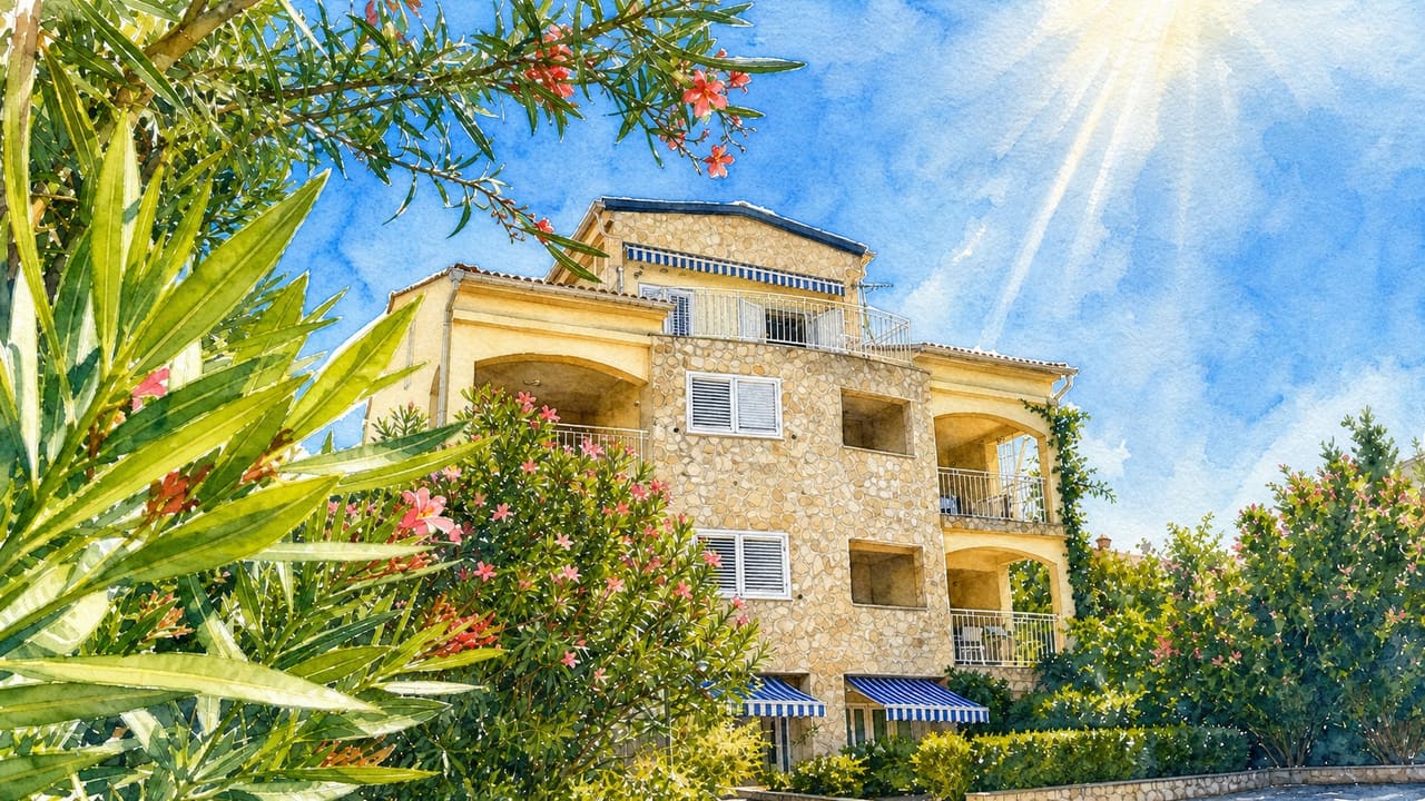 Watercolour illustration of Villa Claudia framed by oleander in Mandre